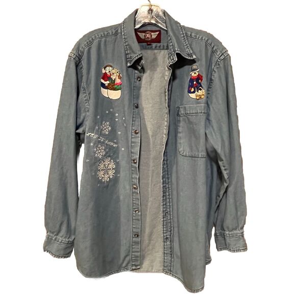 Denim Gear Women’s Long Sleeve Denim Button Up Shirt Embroidered Snowman Size S - Picture 8 of 13